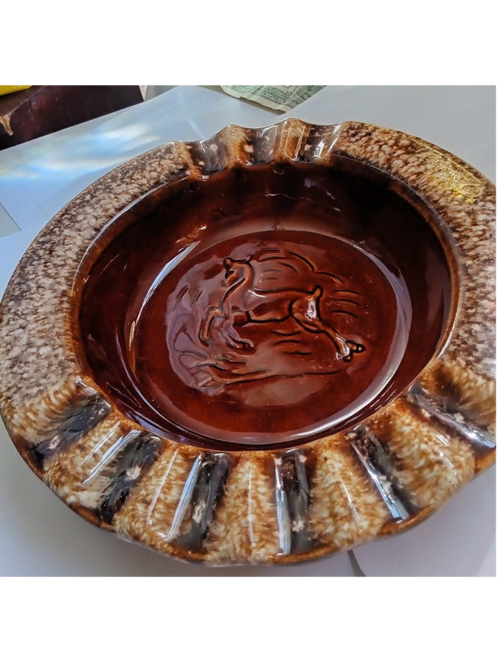 Vintage Hull Pottery Deer Ashtray Brown Drip Glaze USA Marked